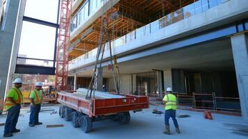 Construction Workers and Flatbed Truck at a Building Site photo