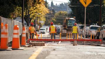 Construction Workers on a Road Project with Traffic Behind Them photo