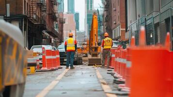 Construction Workers and Excavator in City Street photo