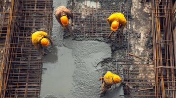 Construction Workers Pouring Concrete on a Rebar Grid photo
