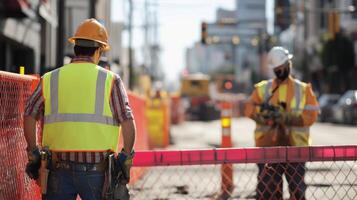 Construction Workers Wearing Safety Gear Standing Near Chain Link Fence photo