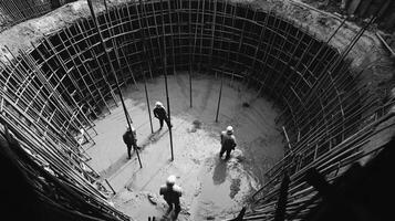 Workers standing on a large circular foundation of rebar and wet concrete. photo