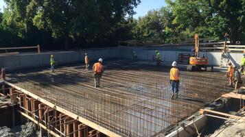 Construction Workers Inspecting Rebar Reinforcement on Concrete Foundation photo