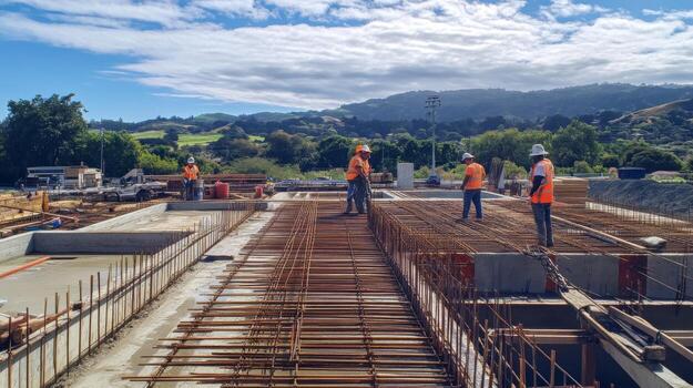 Construction Workers on a Rebar Grid on a New Concrete Structure photo