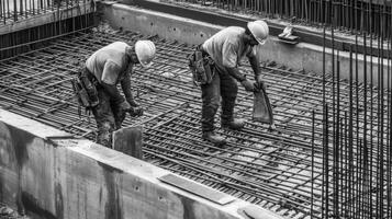 Two Construction Workers Adjusting Rebar for a Concrete Pour photo