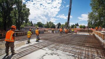 Construction Workers on a Rebar Grid for a New Concrete Slab photo