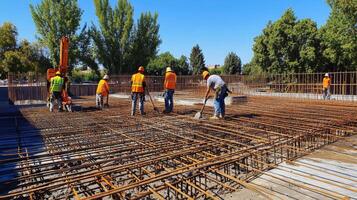 Construction Workers Pouring Concrete on a Rebar Grid photo
