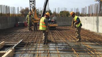 Construction Workers Pouring Concrete onto a Rebar Grid photo
