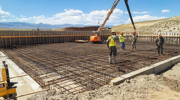 Construction Workers Inspecting Rebar Grid on a Building Foundation photo