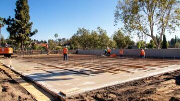 Construction Workers Pouring Concrete on a Foundation photo