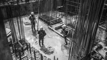 Construction Workers Pouring Concrete into a Foundation photo