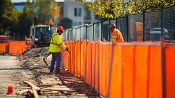 Construction Workers Setting Up Orange Safety Fence photo