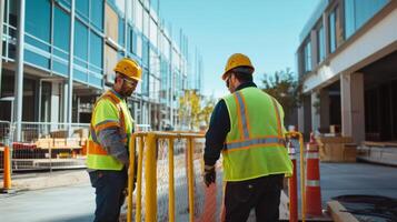 Two Construction Workers in Yellow Hard Hats and Safety Vests photo