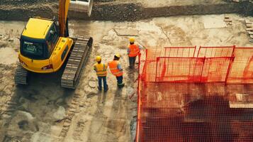 Construction Workers and Excavator at a Construction Site photo