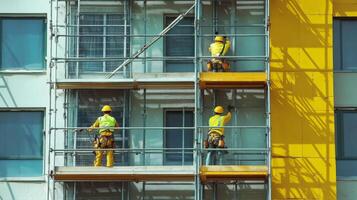Construction Workers on Scaffolding During Facade Renovation of a Building photo