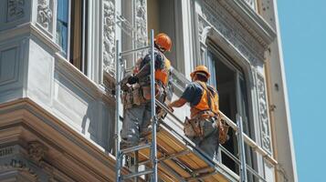 Construction Workers on Scaffolding Repairing Ornate Building Facade photo