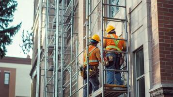 Two Construction Workers on Scaffolding Outside a Building photo