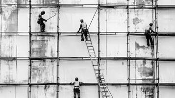 Four Construction Workers On Scaffolding And Ladders In Front Of A White Wall photo