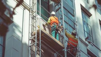 Two Construction Workers on Scaffolding Repairing a Building Facade photo