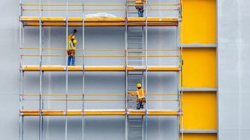 Three Construction Workers on Scaffolding Against a Grey and Yellow Wall photo