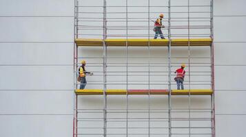 Three Construction Workers on Scaffolding During Building Restoration photo