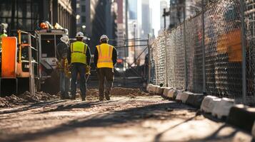Construction Workers Walking Away From A Large Construction Vehicle photo
