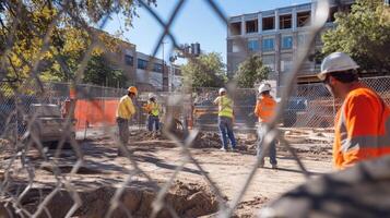 Construction Workers Seen Through Chain Link Fence photo