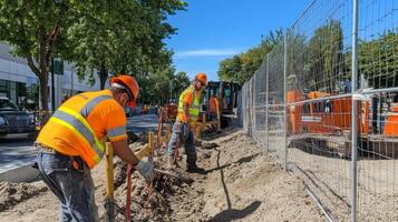 Construction Workers Digging Trench with Excavator photo
