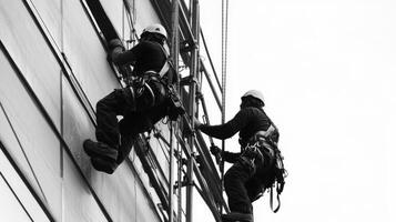 Two Workers in Safety Gear Ascending a Building Scaffolding photo