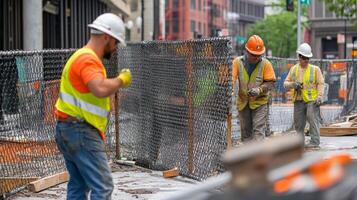 Construction Workers in Hard Hats Walking Beside a Chain Link Fence photo