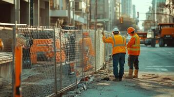 Two Construction Workers Standing Near a Chain Link Fence photo