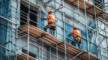 Two Construction Workers on Scaffolding During Building Renovation photo