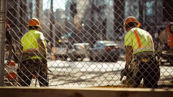 Two Construction Workers Seen Through Chain Link Fence photo