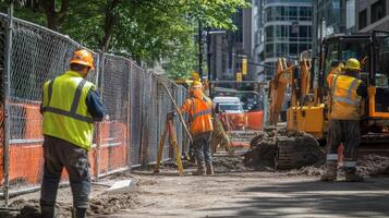 Construction Workers on Urban Street with Excavator photo