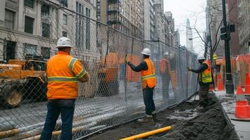 Construction Workers by a Chain-Link Fence in a City Setting photo