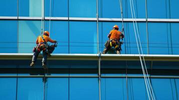 Two Window Cleaners Suspended from Ropes on a Tall Building photo