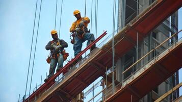 Two Construction Workers on Scaffolding High Above a City Building photo