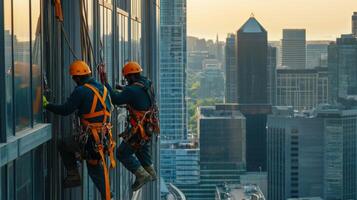 Two Workers Hanging from Ropes Cleaning Windows on a Tall Building photo
