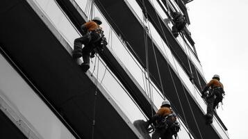 Window Washers Suspended on Ropes Cleaning a Modern Building photo