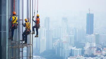 Construction Workers Suspended on Scaffolding During Urban Development photo