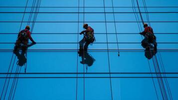 Three Window Washers Suspended From Ropes on a Glass Building photo