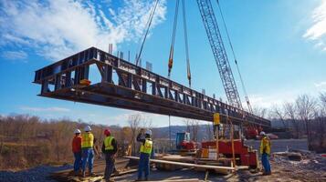 Crane Lifting a Steel Bridge Section During Construction photo