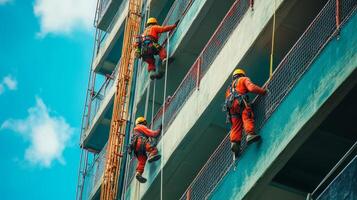 Construction Workers Scaling a High-Rise Building with Safety Gear photo