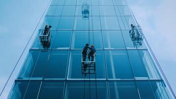 Window Washers Hanging from a Glass Skyscraper photo
