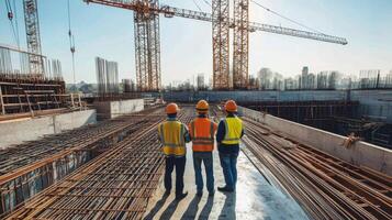 Three Construction Workers Standing on a Concrete Platform with Rebar in the Foreground photo
