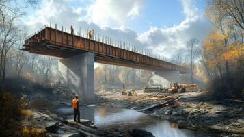 Construction Workers Building a Bridge Over a Stream in Autumn photo