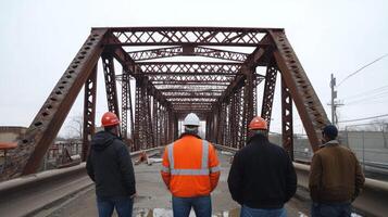 Construction Workers Examining a Rusted Bridge Structure photo