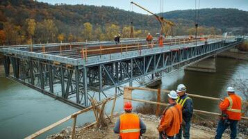 Construction Workers Observe Bridge Construction Over a River photo