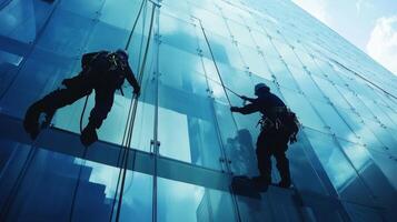 Window Cleaners Suspended on a Modern Building photo