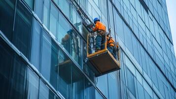 Two Workers Hanging From Scaffolding on Glass Building photo